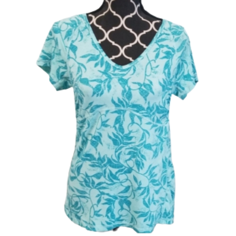 The North Face Women's Aqua Teal Leaf Print V-Neck Tee